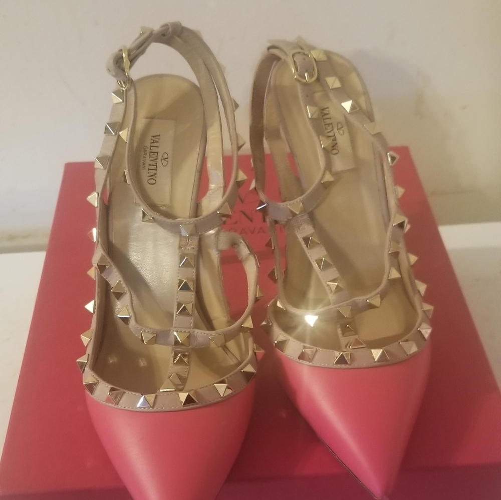 Valentino Coral Heels with Gold Accents